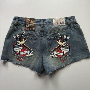 Ed Hardy Women's Flame Heart Denim Shorts‎ Medium Blue Y2K Casual Logo